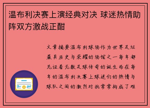 温布利决赛上演经典对决 球迷热情助阵双方激战正酣
