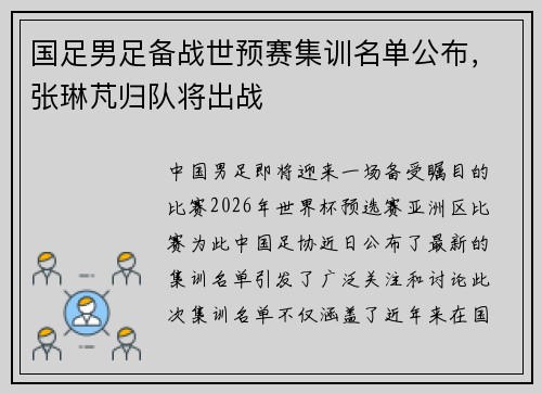 国足男足备战世预赛集训名单公布，张琳芃归队将出战