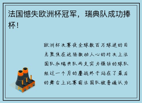 法国憾失欧洲杯冠军，瑞典队成功捧杯！