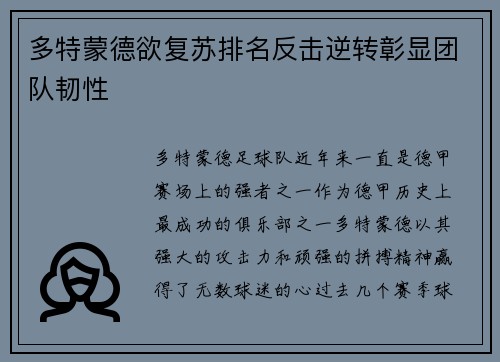 多特蒙德欲复苏排名反击逆转彰显团队韧性