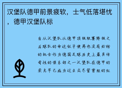 汉堡队德甲前景疲软，士气低落堪忧，德甲汉堡队标