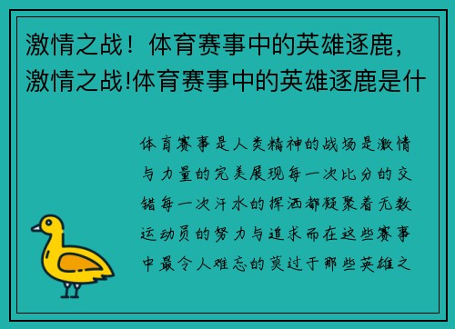 激情之战！体育赛事中的英雄逐鹿，激情之战!体育赛事中的英雄逐鹿是什么