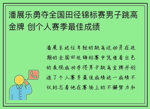 潘展乐勇夺全国田径锦标赛男子跳高金牌 创个人赛季最佳成绩