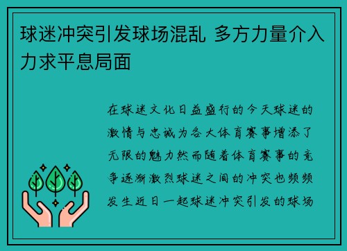 球迷冲突引发球场混乱 多方力量介入力求平息局面