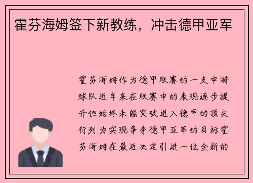 霍芬海姆签下新教练，冲击德甲亚军