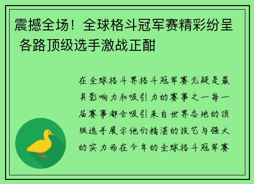 震撼全场！全球格斗冠军赛精彩纷呈 各路顶级选手激战正酣