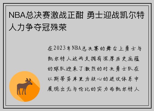 NBA总决赛激战正酣 勇士迎战凯尔特人力争夺冠殊荣